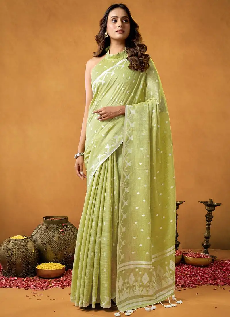 Sea green spun floral cotton jamdani saree