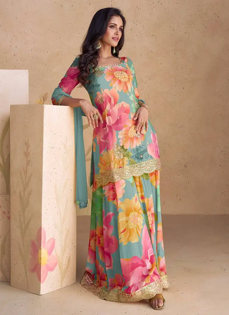 Multicolor embroidery & sequence work chinon palazzo ( full stitched free size )