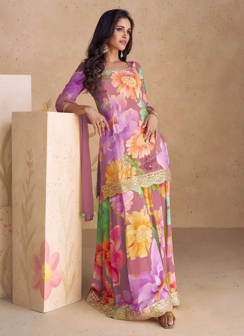 Purple embroidery & sequence work chinon palazzo ( full stitched free size )