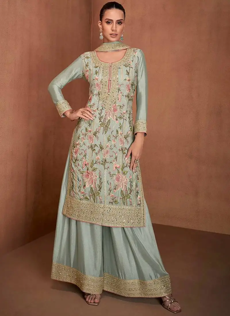 Pista green embroidery & sequence work chinon palazzo ( full stitched free size )