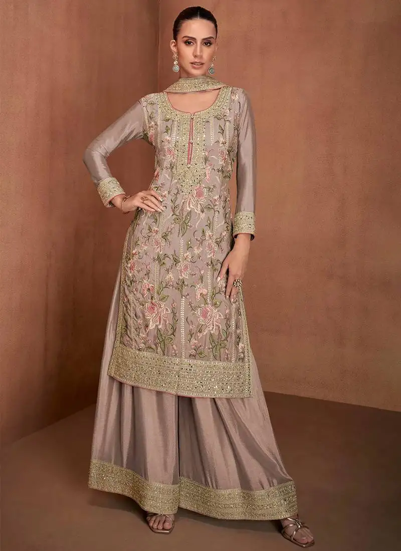 Brown embroidery & sequence work chinon palazzo ( full stitched free size )