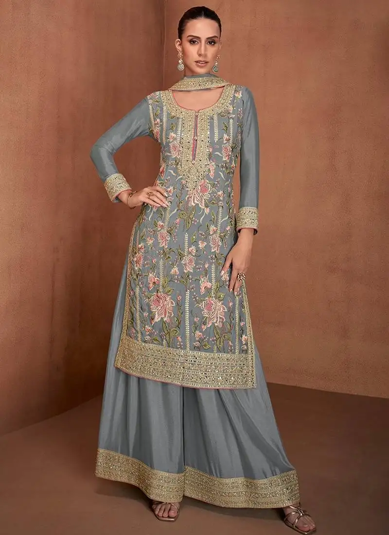 Grey embroidery & sequence work chinon palazzo ( full stitched free size )