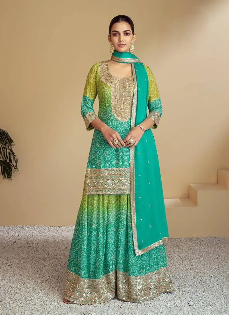 Sea green embroidery & sequence work chinon palazzo ( full stitched free size )