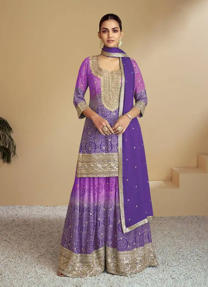 Lavender embroidery & sequence work chinon palazzo ( full stitched free size )