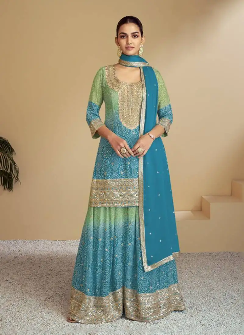 Teal blue embroidery & sequence work chinon palazzo ( full stitched free size )