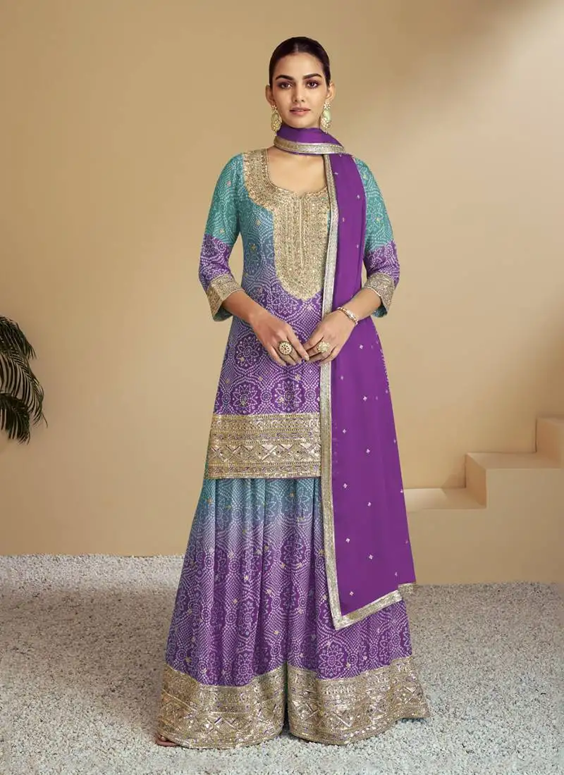 Light purple embroidery & sequence work chinon palazzo ( full stitched free size )