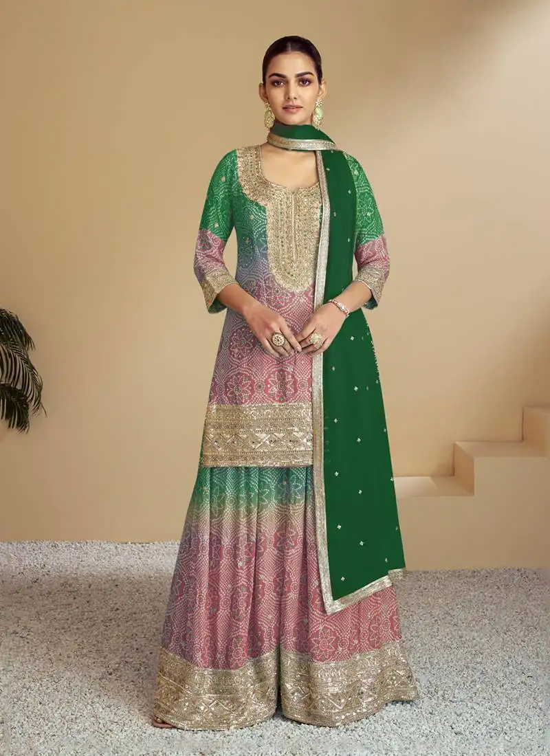 Green embroidery & sequence work chinon palazzo ( full stitched free size )