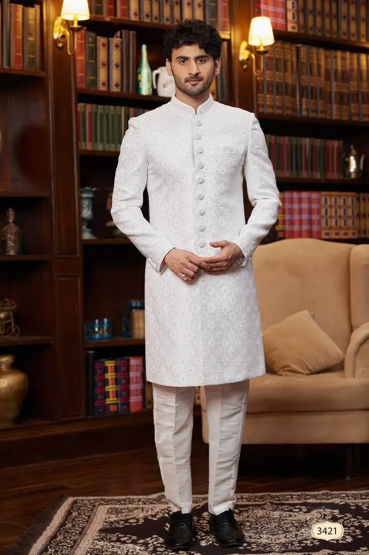 Off white sherwani with imported jacquard silk and faux satin pajama for mens