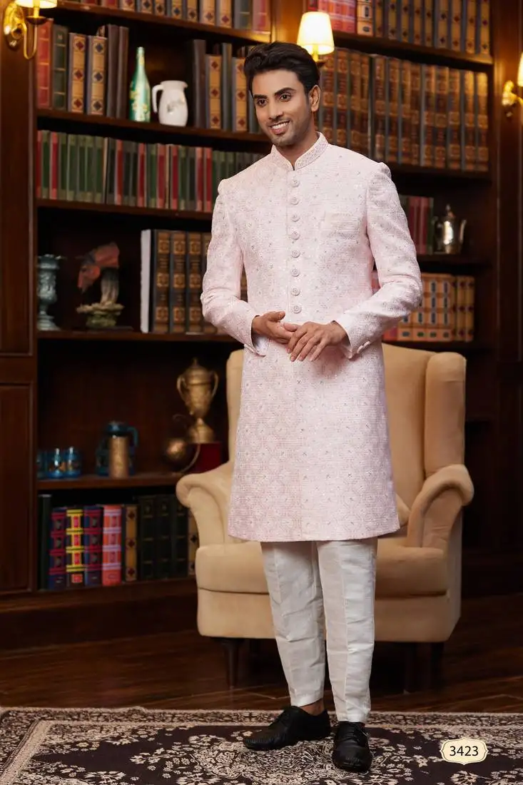 Pink imported jaquard silk sherwani and faux satin pajama for mens