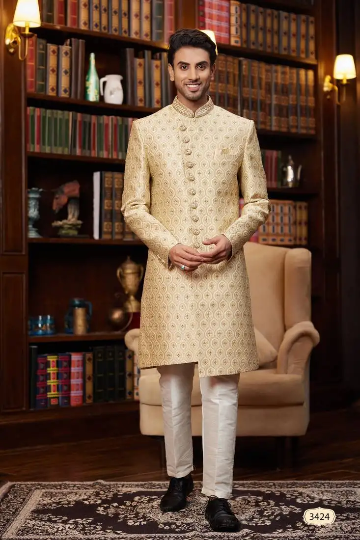 Gold sherwani with imported jacquard silk and faux satin pajama for mens