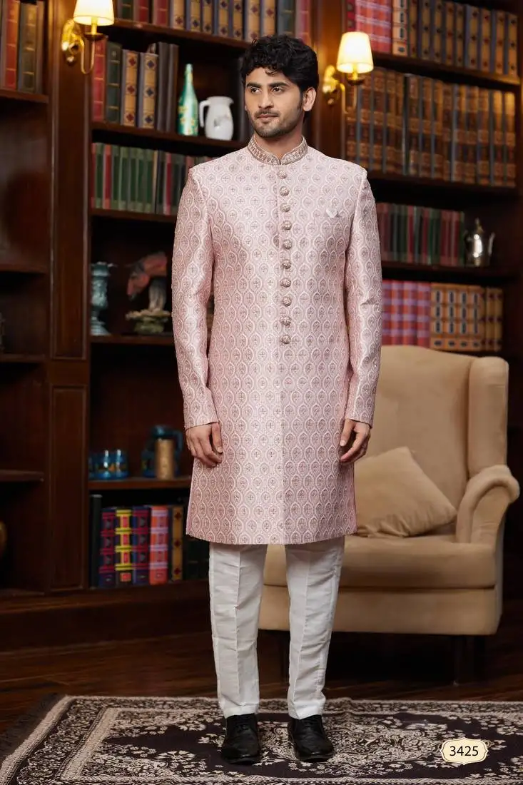 Pink sherwani with imported jacquard silk and faux satin pajama for mens