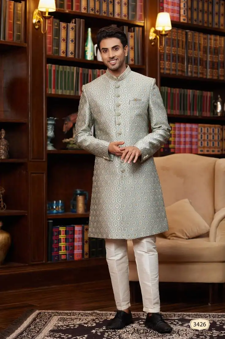 Teal green sherwani with imported jacquard silk and faux satin pajama for mens