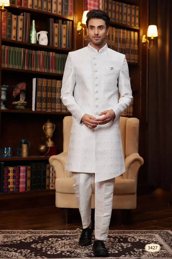 Light purple imported jacquard silk sherwani with faux satin pajama for mens