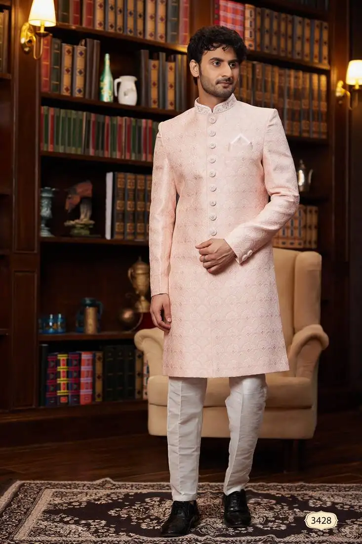 Pink imported jacquard silk sherwani with faux satin pajama for mens