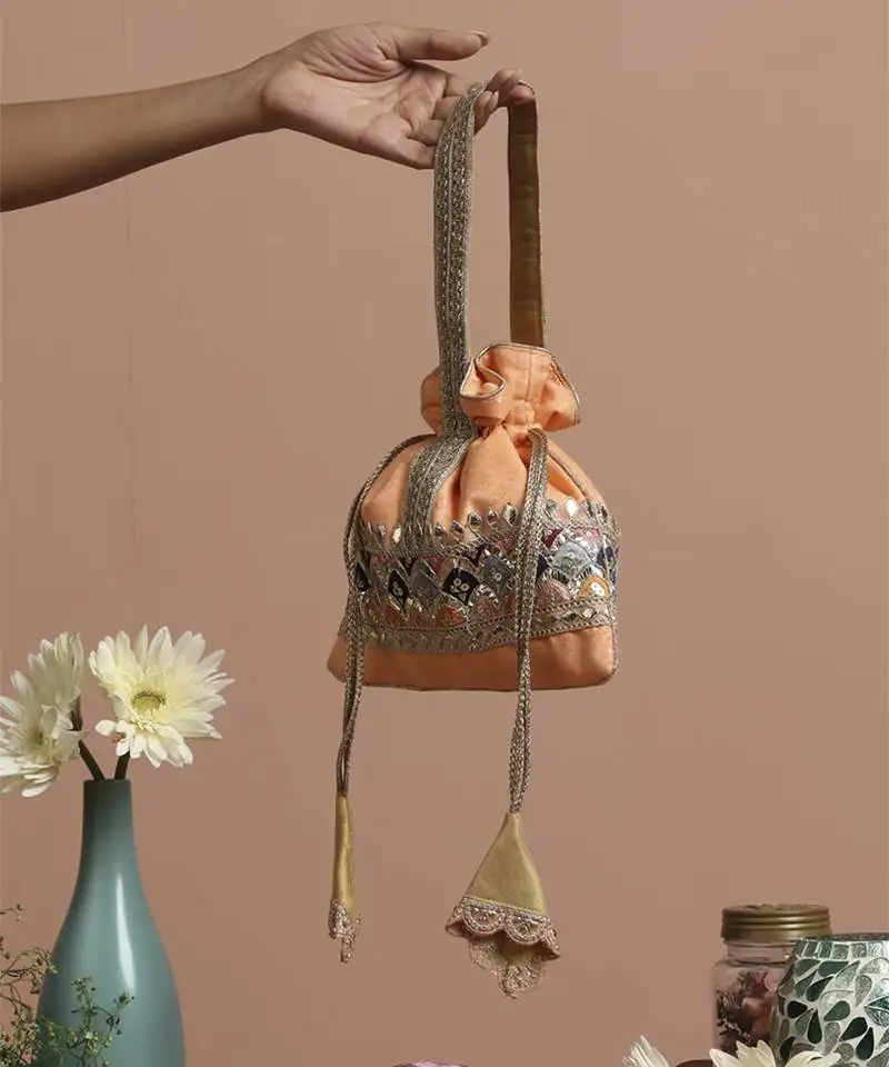 Peach brocade potli bag