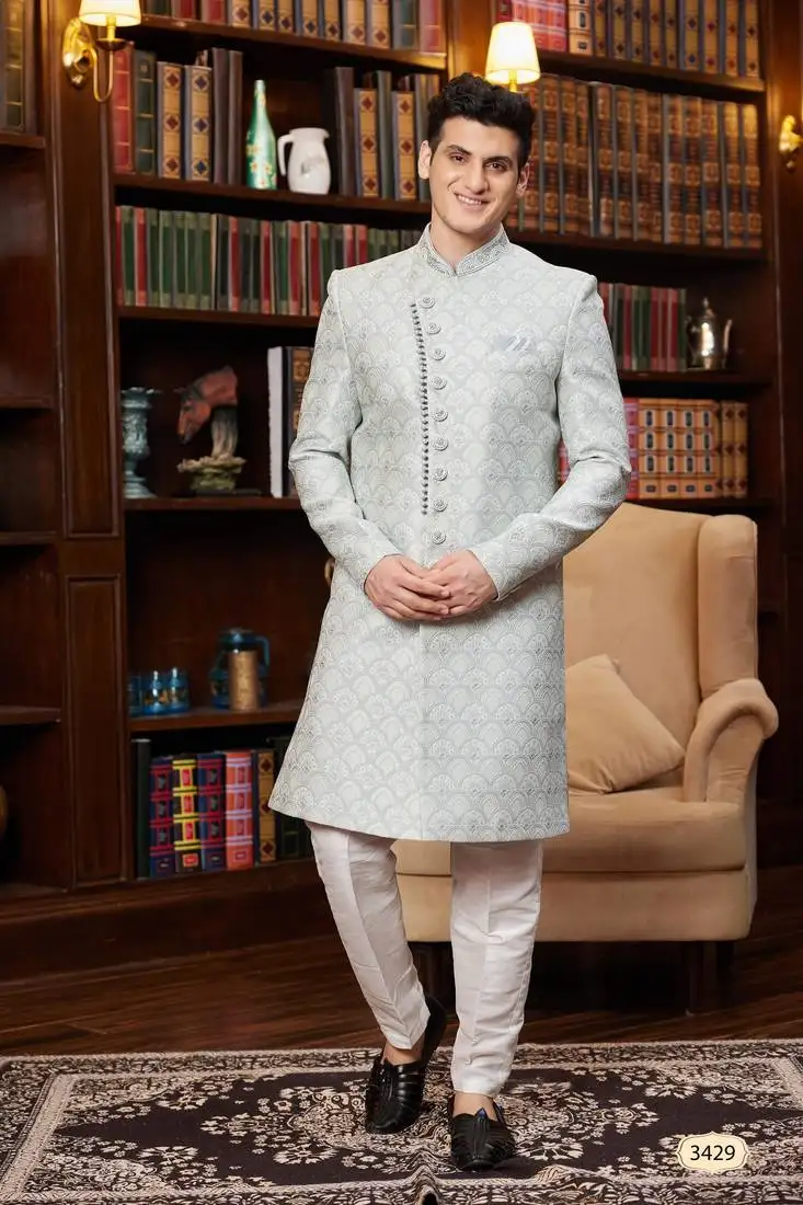 Grey jacquard silk sherwani with faux satin pajama for men