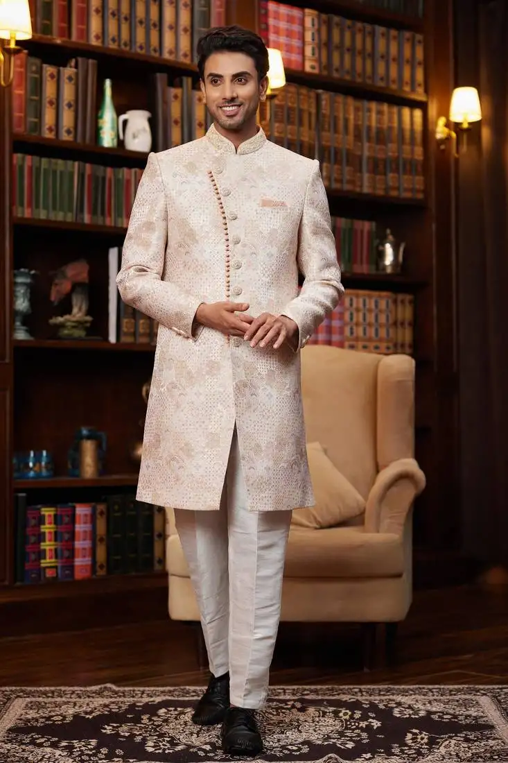 Pink jaquard silk sherwani with faux satin pajama for men