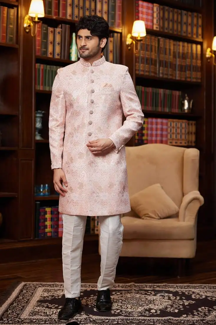 Pink jaquard silk sherwani with faux satin pajama for mens
