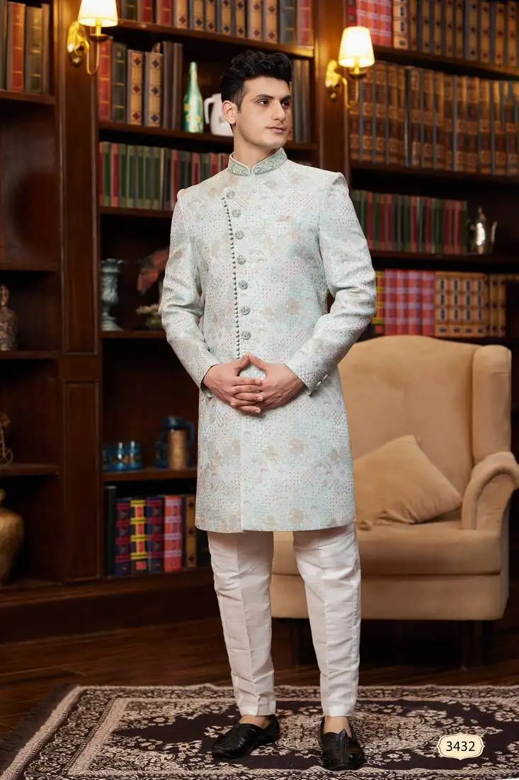 Green imported jacquard silk sherwani with faux satin pajama for mens