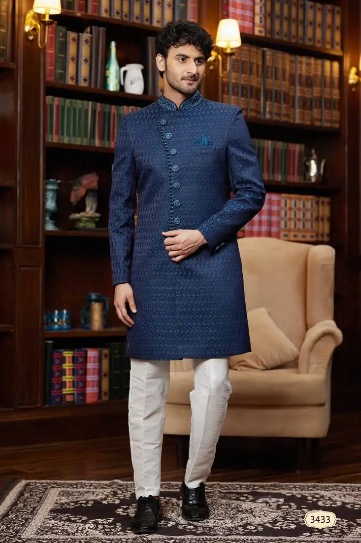 Teal blue imported jaquard silk sherwani with faux satin pajama for mens