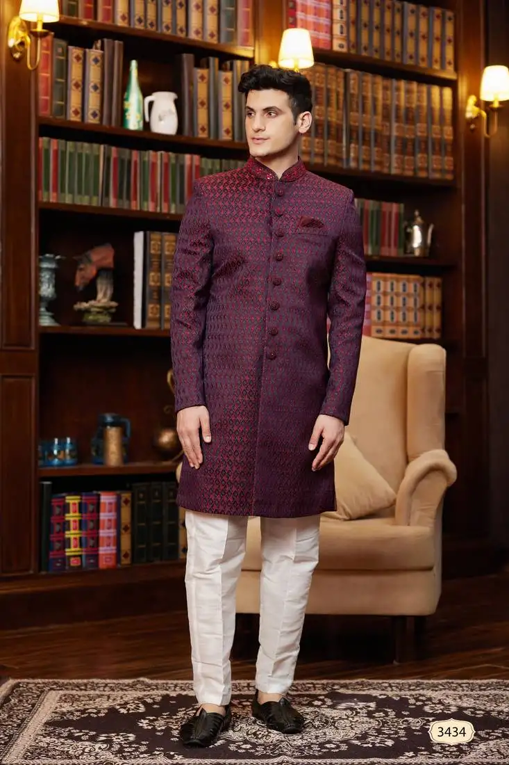 Wine imported jaquard silk sherwani with faux satin pajama for mens