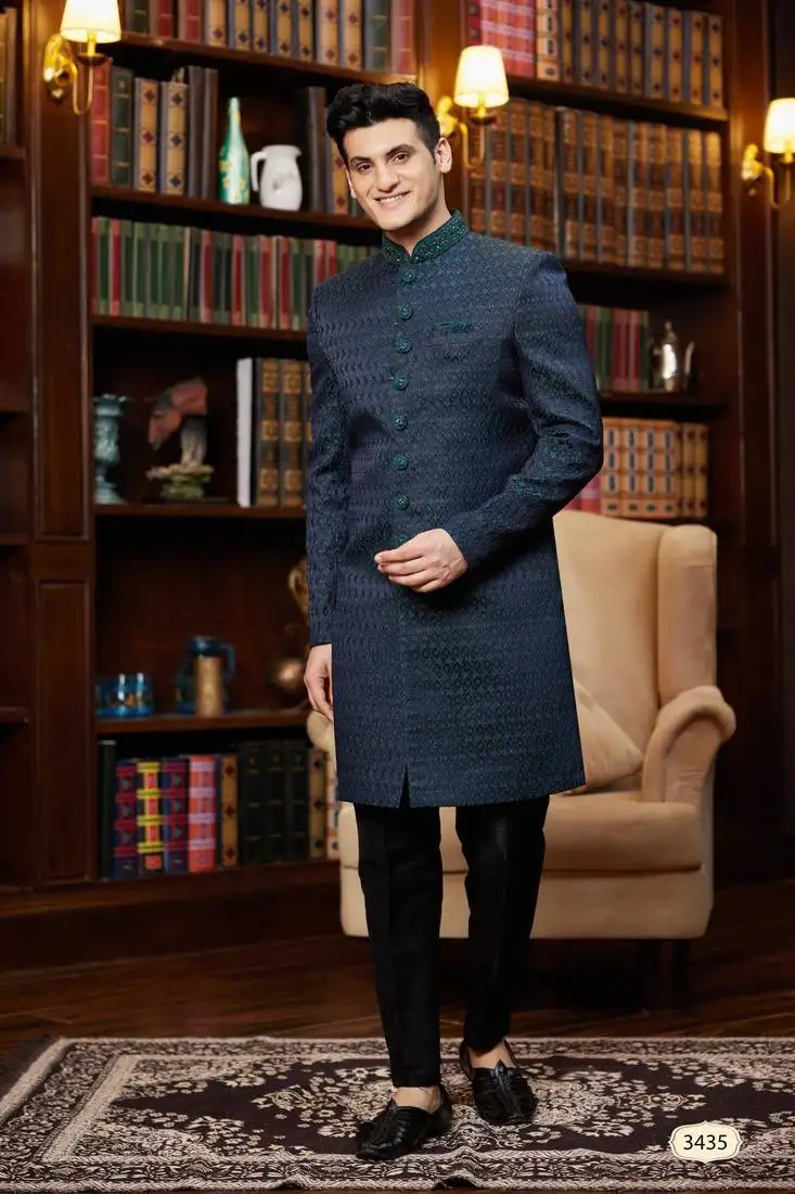 Green imported jaquard silk sherwani with faux satin pajama for mens