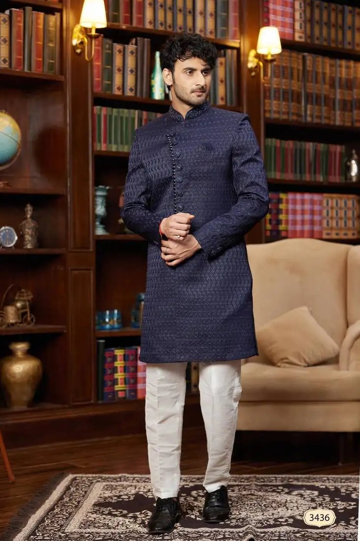 Navy blue imported jacquard silk sherwani with faux satin pajama for mens