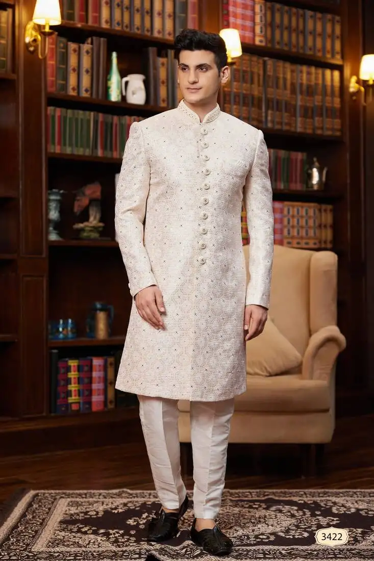 Cream sherwani with imported jacquard silk and faux satin pajama for mens