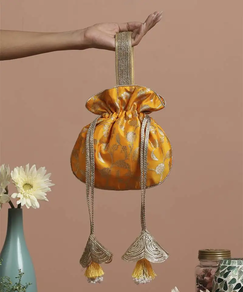 Yellow pure silk brocade potli bag