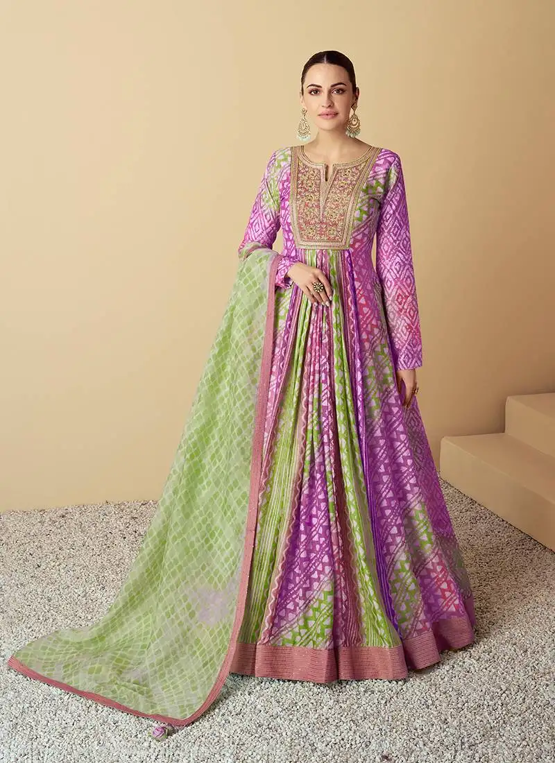 Lavender & green printed & sequence work muslin anarkali suits ( full stitched free size )