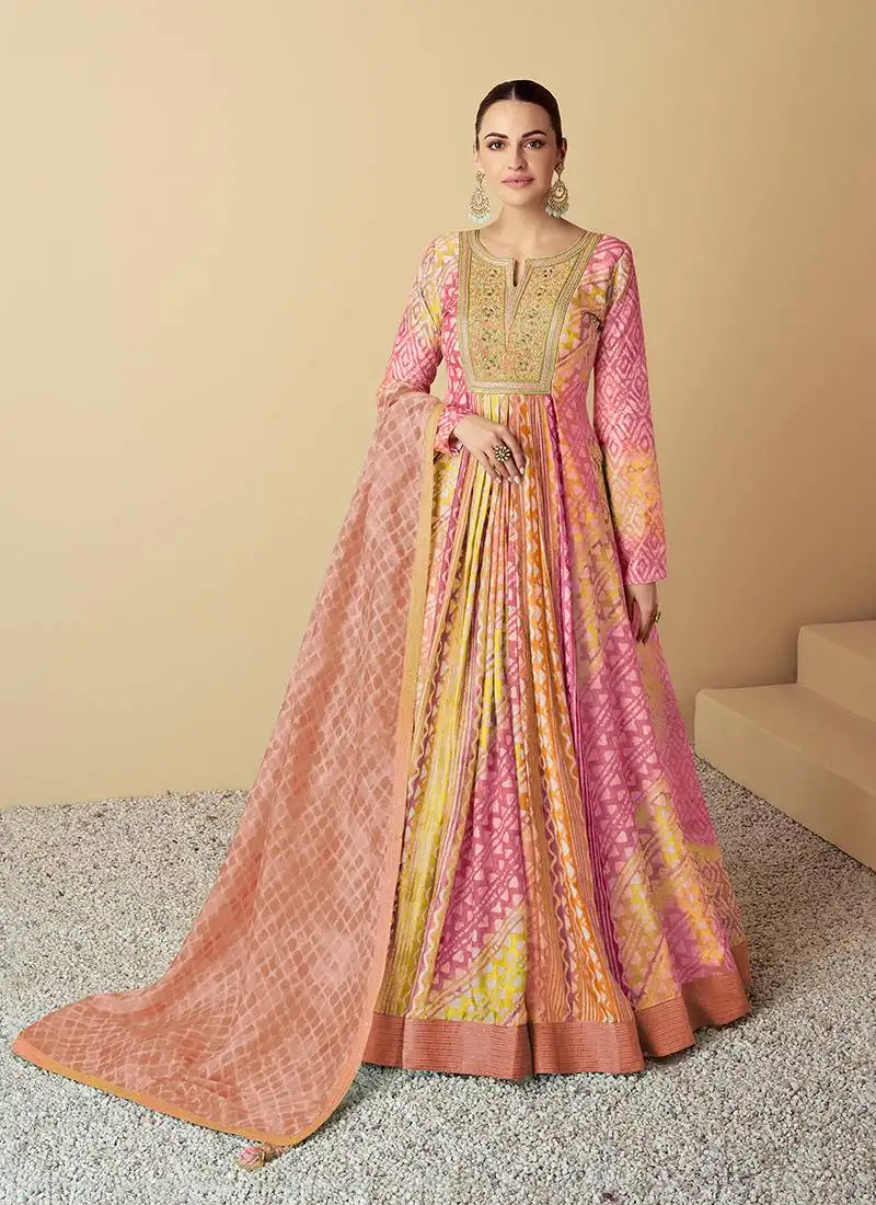 Pink & yellow printed & sequence work muslin anarkali suits ( full stitched free size )