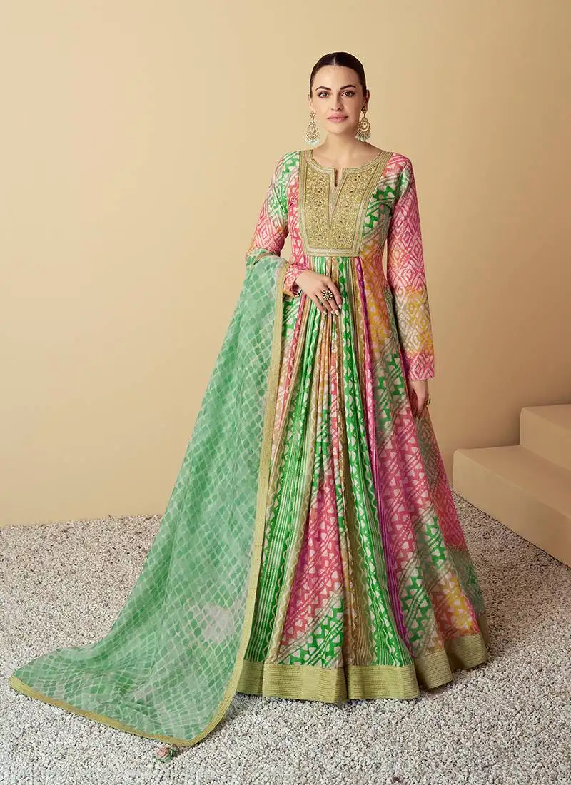 Pink & green printed & sequence work muslin anarkali suits ( full stitched free size )