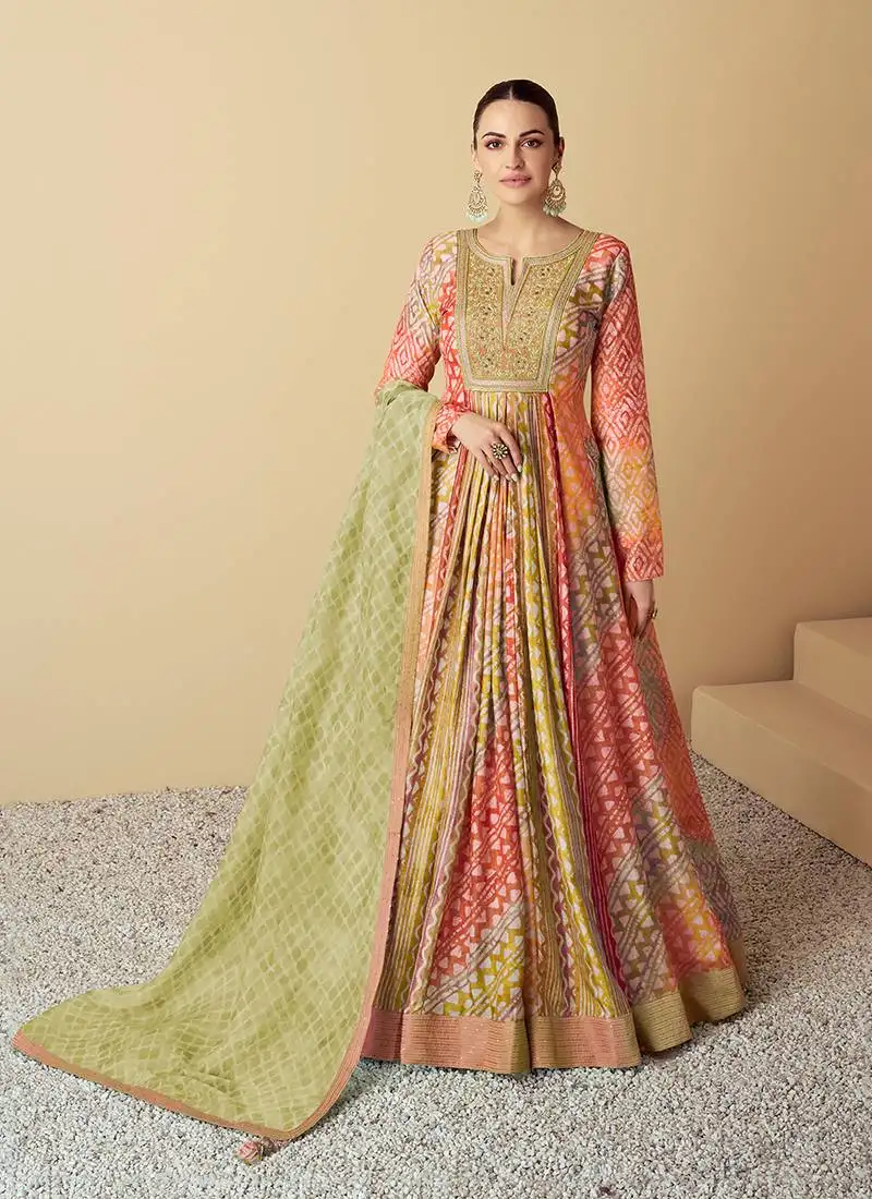 Orange & mustard printed & sequence work muslin anarkali suits ( full stitched free size )