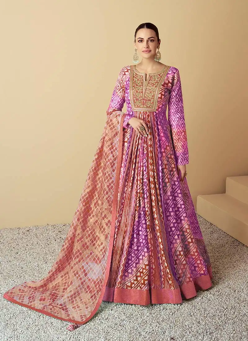 Purple printed & sequence work muslin anarkali suits ( full stitched free size )