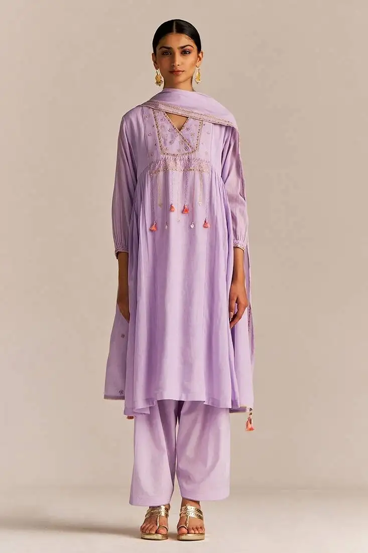 Pastel lilac mul-mul kurta set