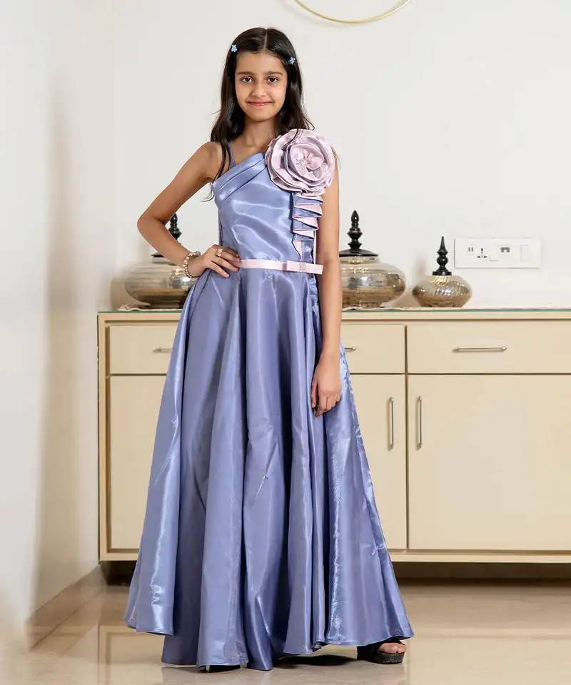 Purple one shoulder party gown