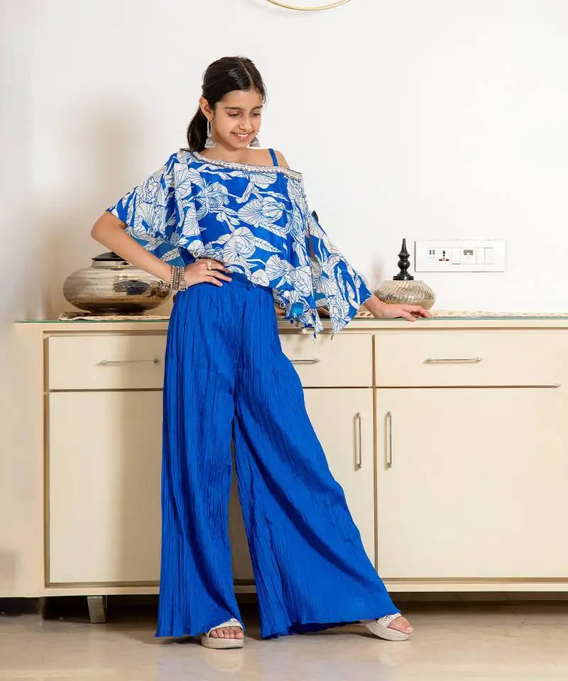 Blue silk blend printed elbow sleeve party sharara set for girls