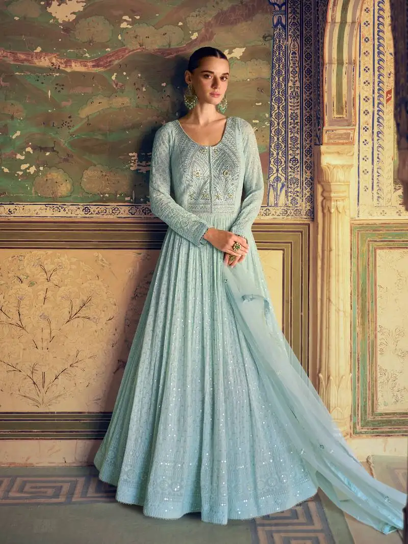 Sky embroidered georgette free size anarkali suit stitched