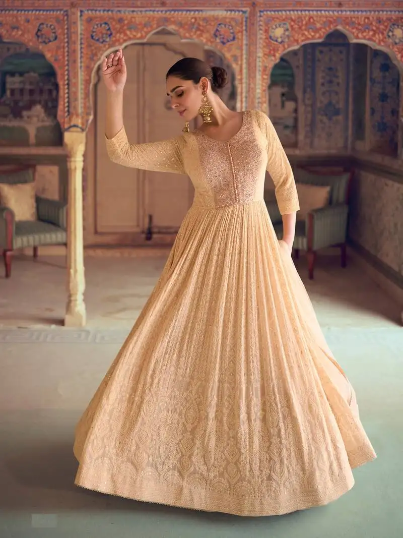 Peach embroidered georgette free size anarkali suit stitched