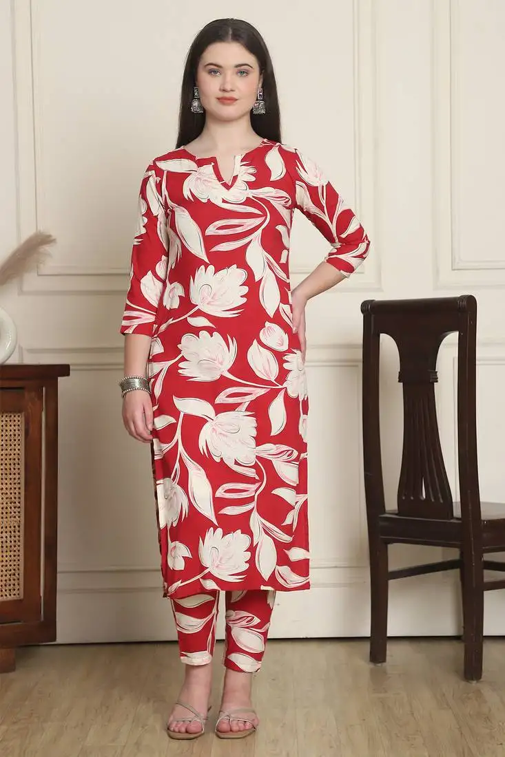 Women's cotton botanical floral printed kurta with pant stitched