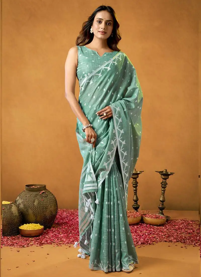 Pastel green spun floral cotton jamdani saree