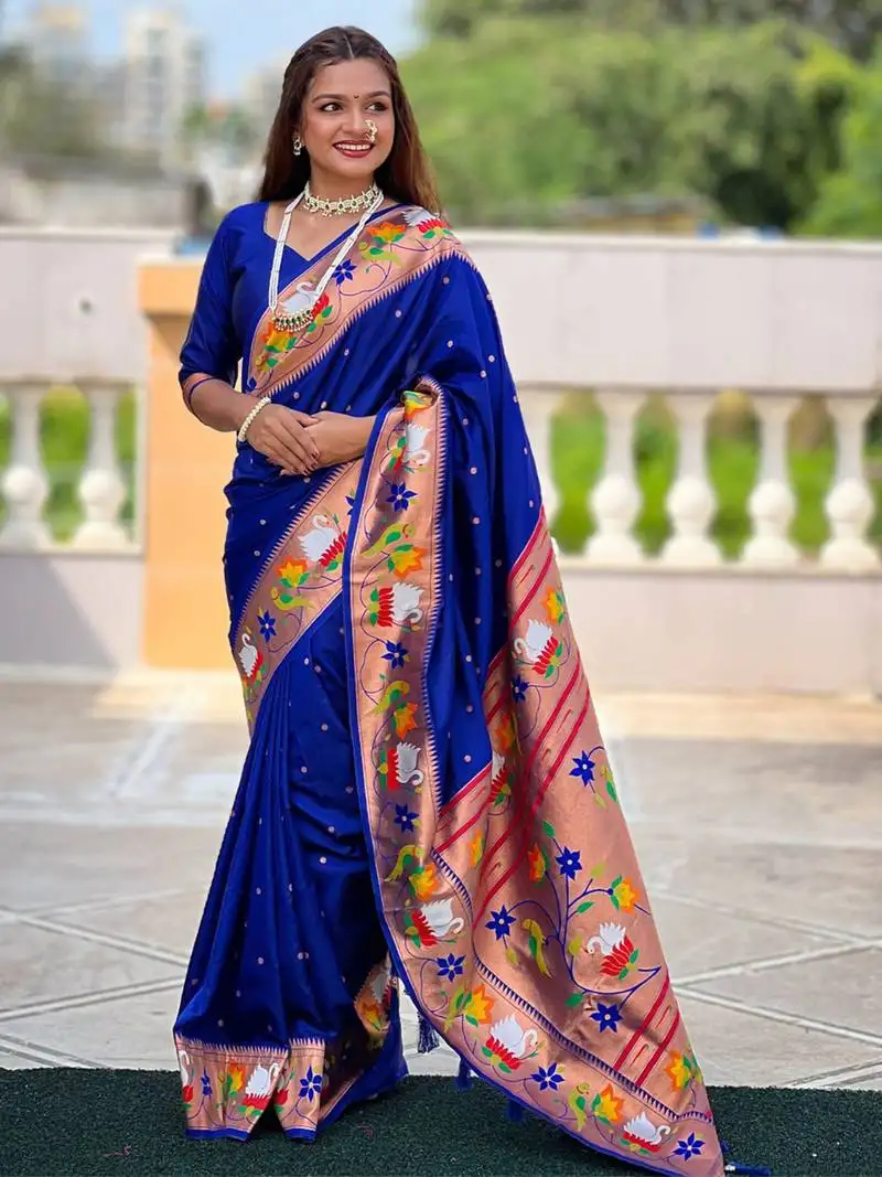 Blue paithani silk blend saree with unstitched blouse