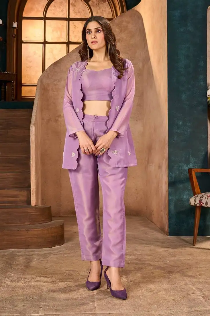 Purple embroidered cotton jimmy lilac co ord sets
