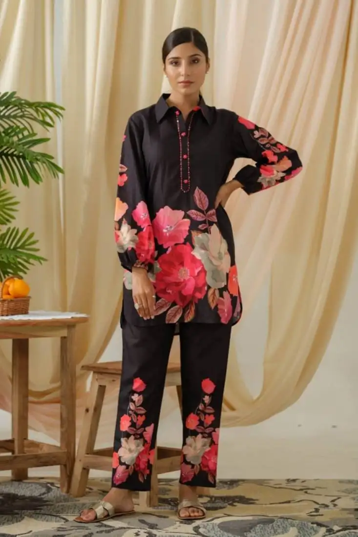 Black printed silk blend ayesha ebony co ord sets