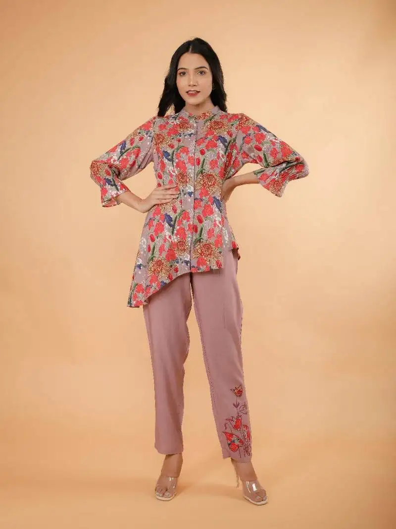 Pink printed silk blend urfi purple co ord sets