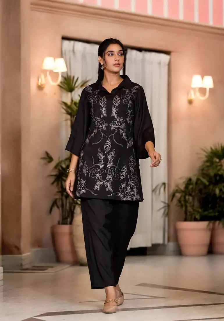 Black embroidered blended cotton irene jade co ord sets