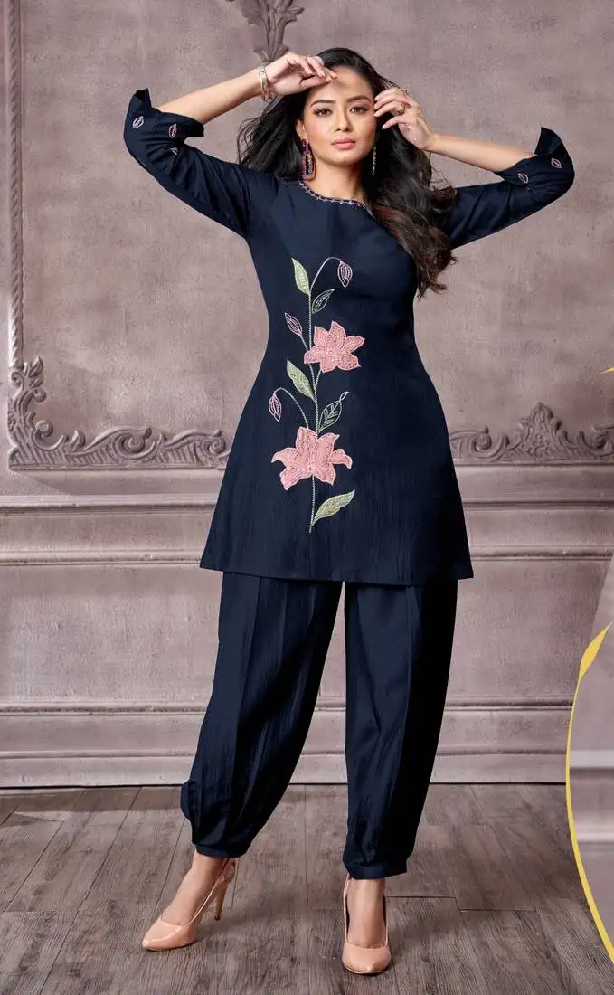 Navy blue embroidered viscose rayon tuhina azure co ord sets