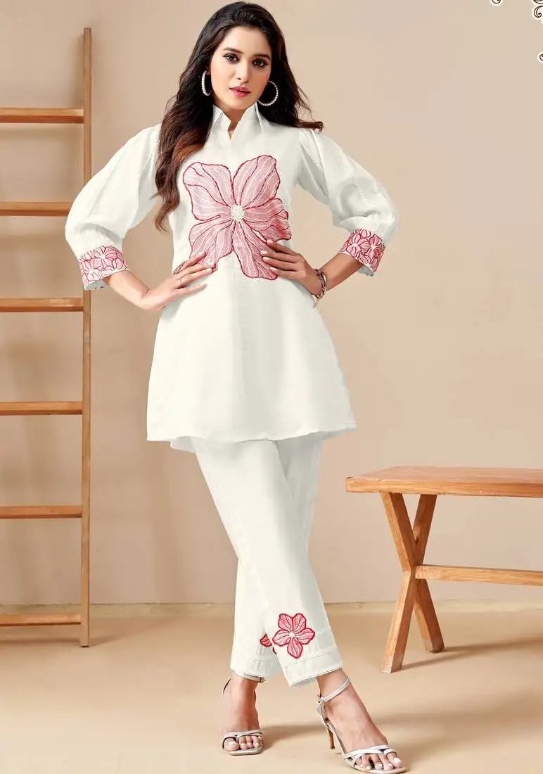 White embroidered viscose rayon modina angel co ord sets