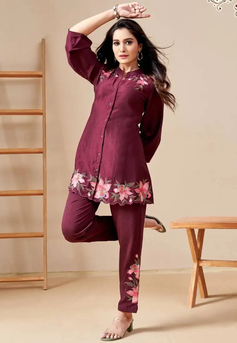 Maroon embroidered viscose rayon modina jam co ord sets