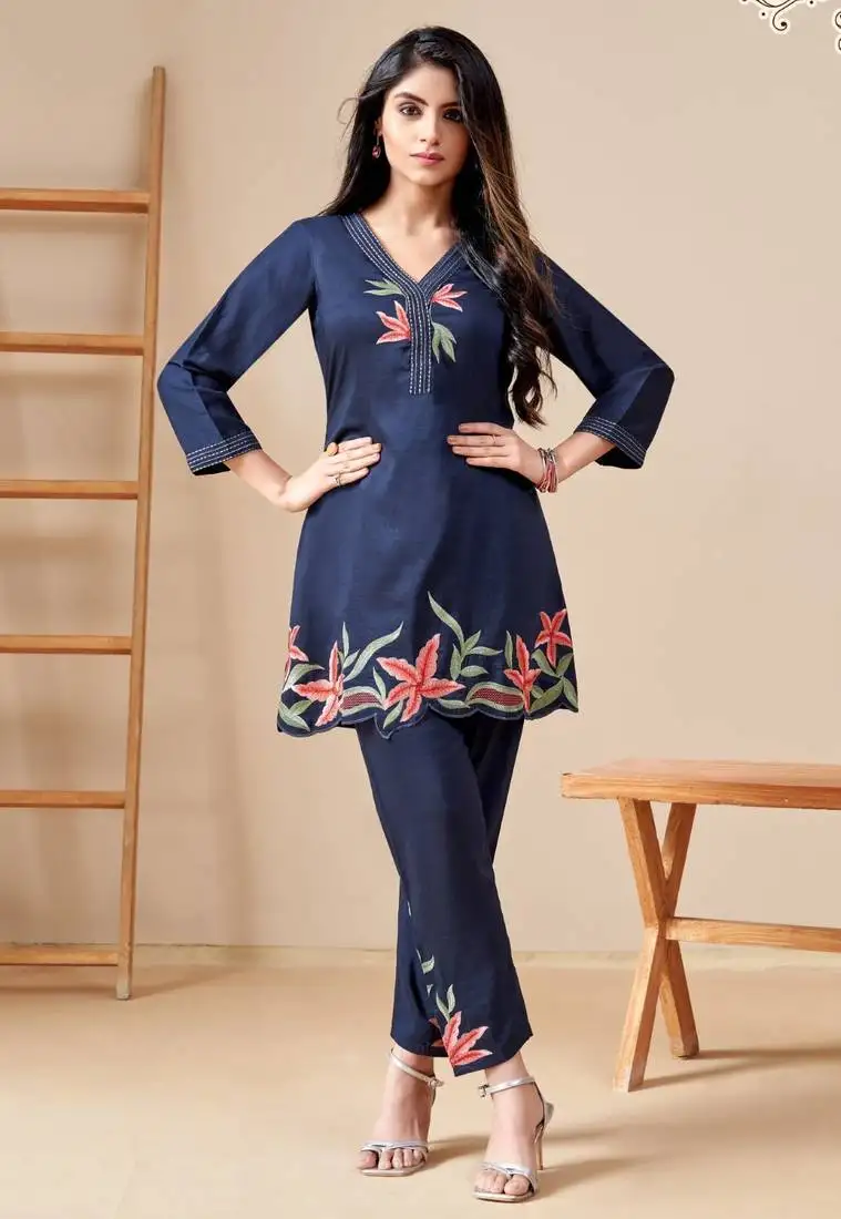 Navy blue embroidered viscose rayon modina indigo co ord sets